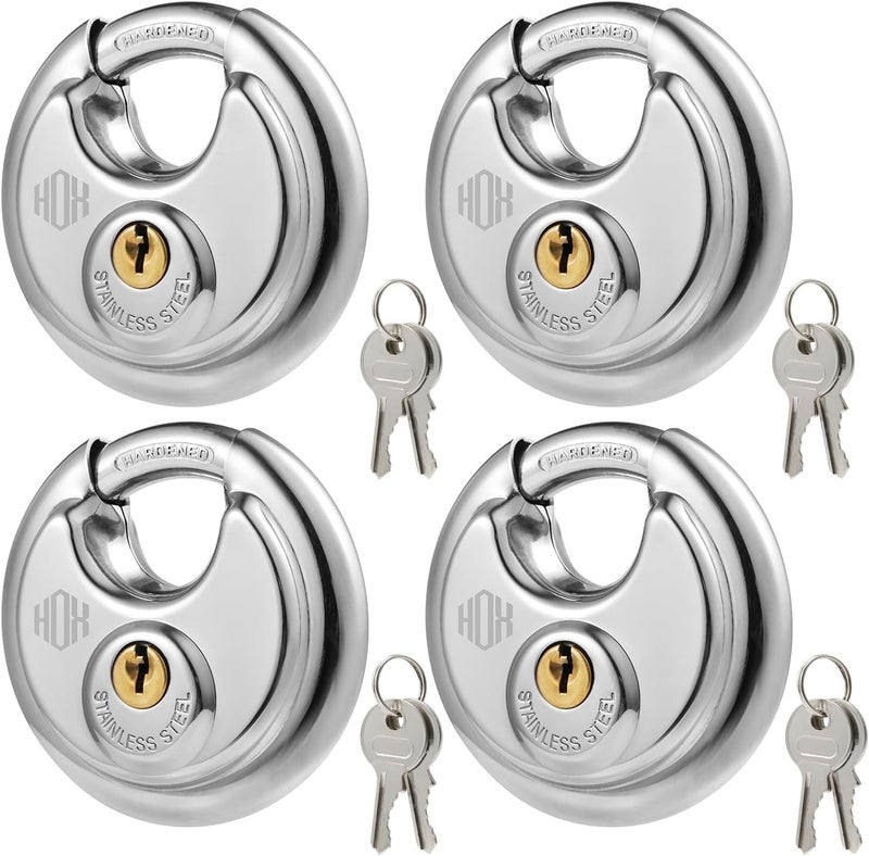 HOX Keyed Disc Padlock, Stainless Steel Keyed-Alike Padlocks, 4-Pack Heavy Duty Locks, Waterproof Outdoors Lock with 3/8 Inch Shackle, 2-3/4 Inch Wide Body, for Hasp Latch, Fences, Storage Locker - Image 1